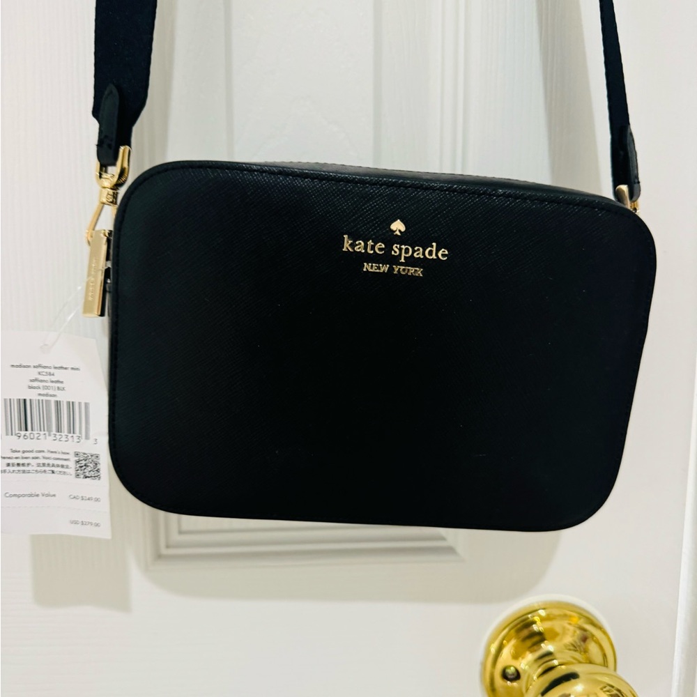 NWT Kate Spade Black Crossbody Bag gold trim leather Purse Madison new
